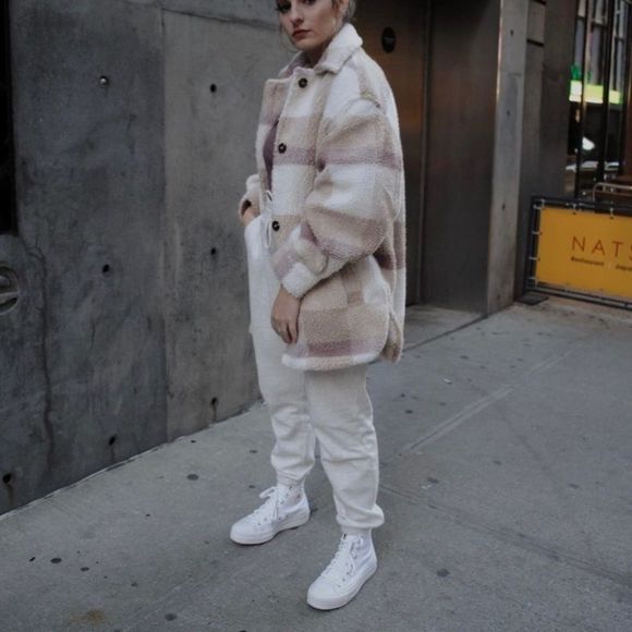 H&M Plaid Pastel Colors Faux Shearling Jacket Lined Warm - Picture 7 of 14